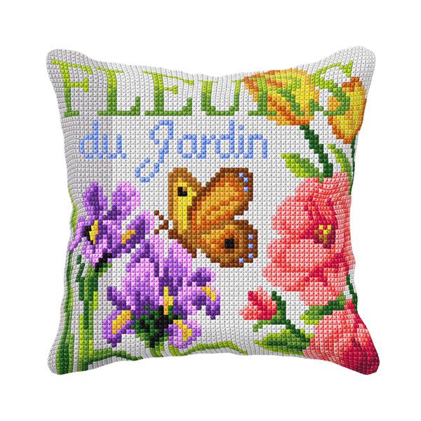 Cushion cross stitch kit  "Butterfly, Irises and Rose"-0